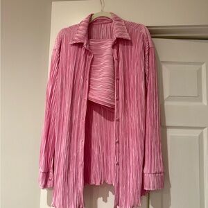Plisse pleated Two-Piece pink Shirt shorts Set